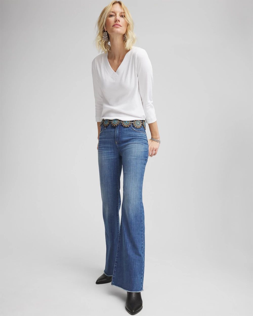 Petite Girlfriend Frayed Flared Jeans