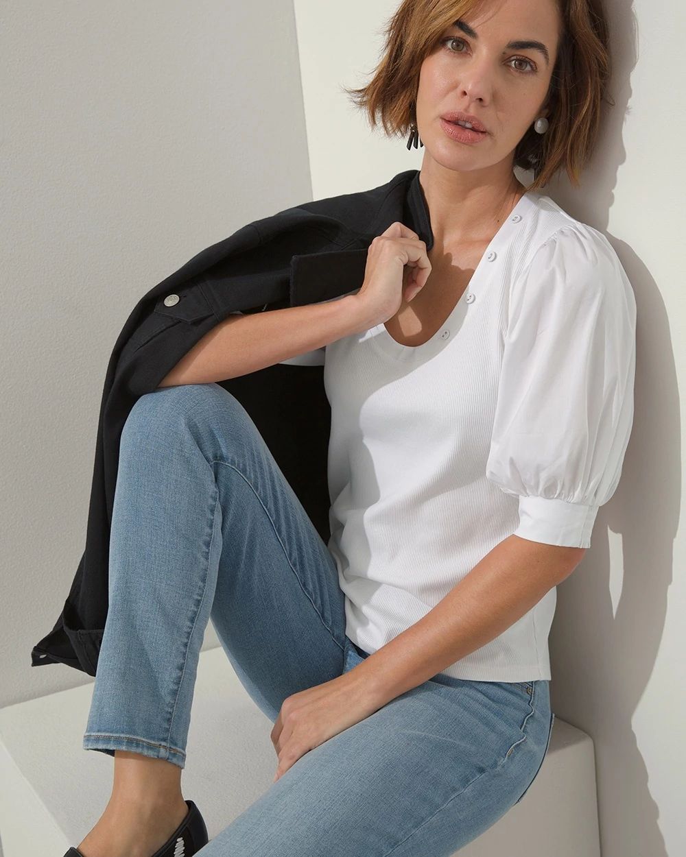 Puff Sleeve Ribbed Henley Tee