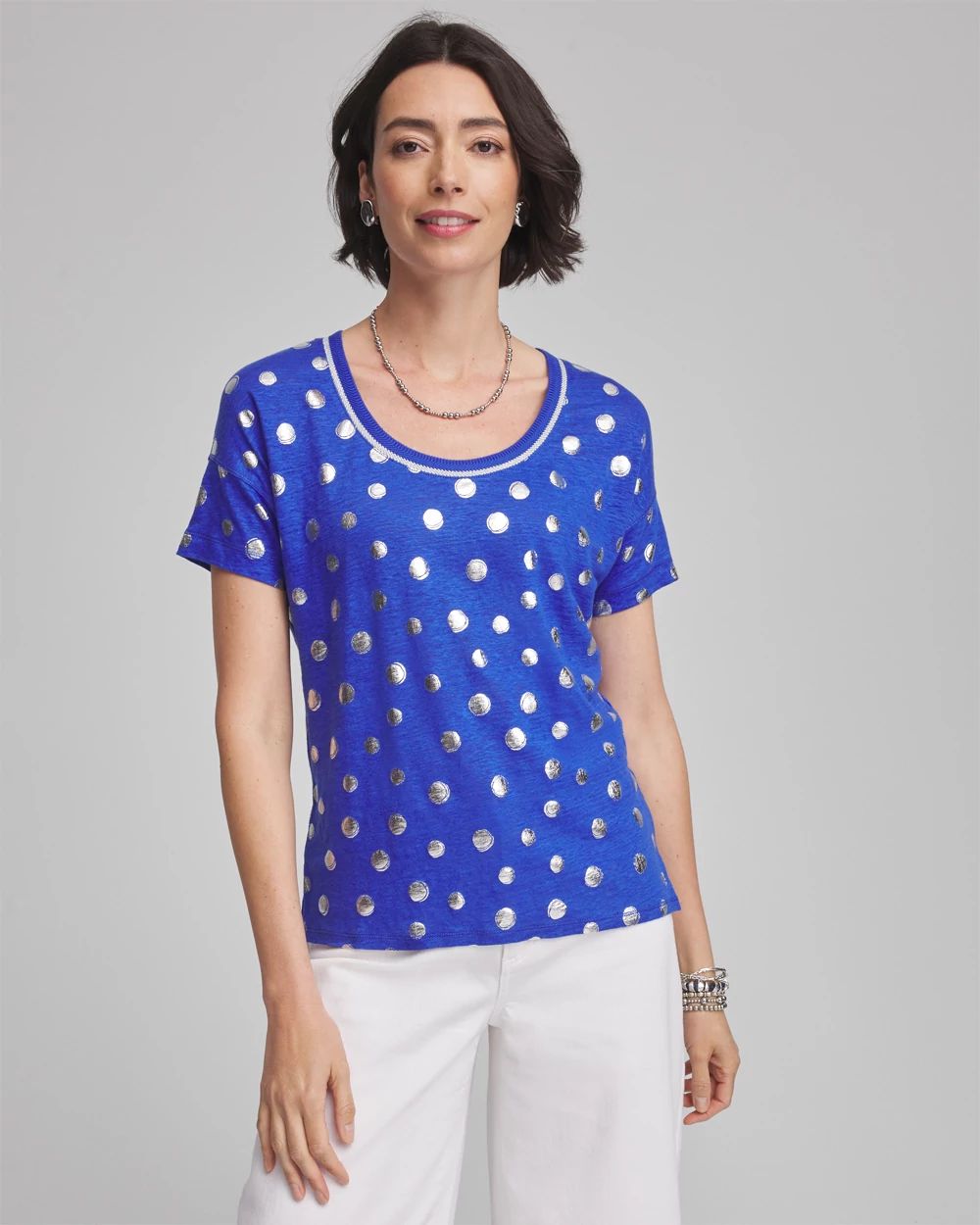 Foiled Polka-Dot Sweater-Trim Linen Tee