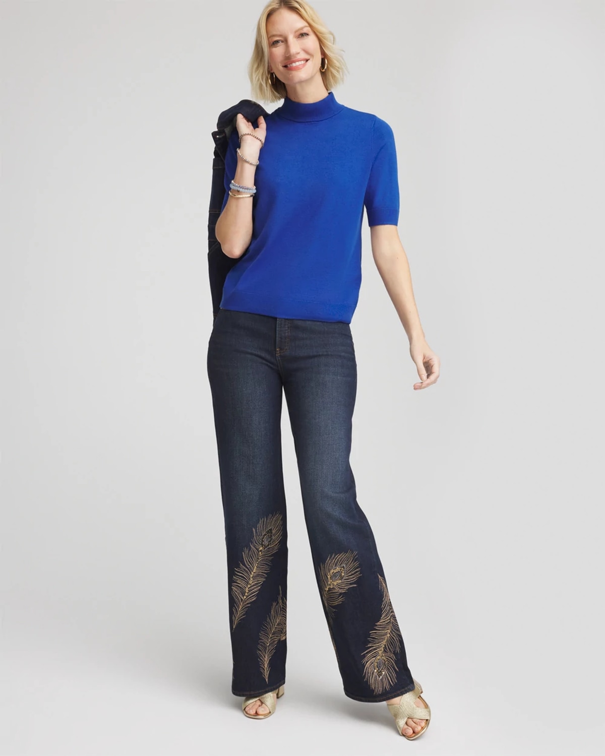 Chico's Elbow Sleeve Mock Neck Sweater In Cobalt Stone In Blue