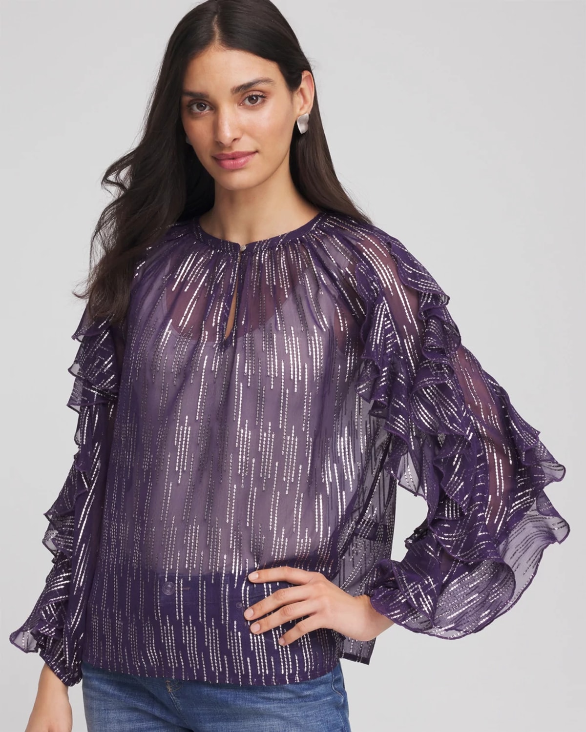 Chico's Georgette Ruffle Sleeve Blouse In Purple Elixir In Multi