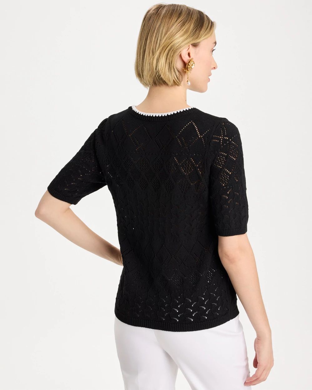 Pointelle Blanket-Stitch Pullover Sweater