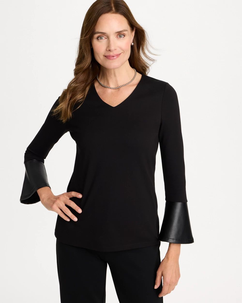 Ponte Faux Leather-Trim Bell Sleeve Top