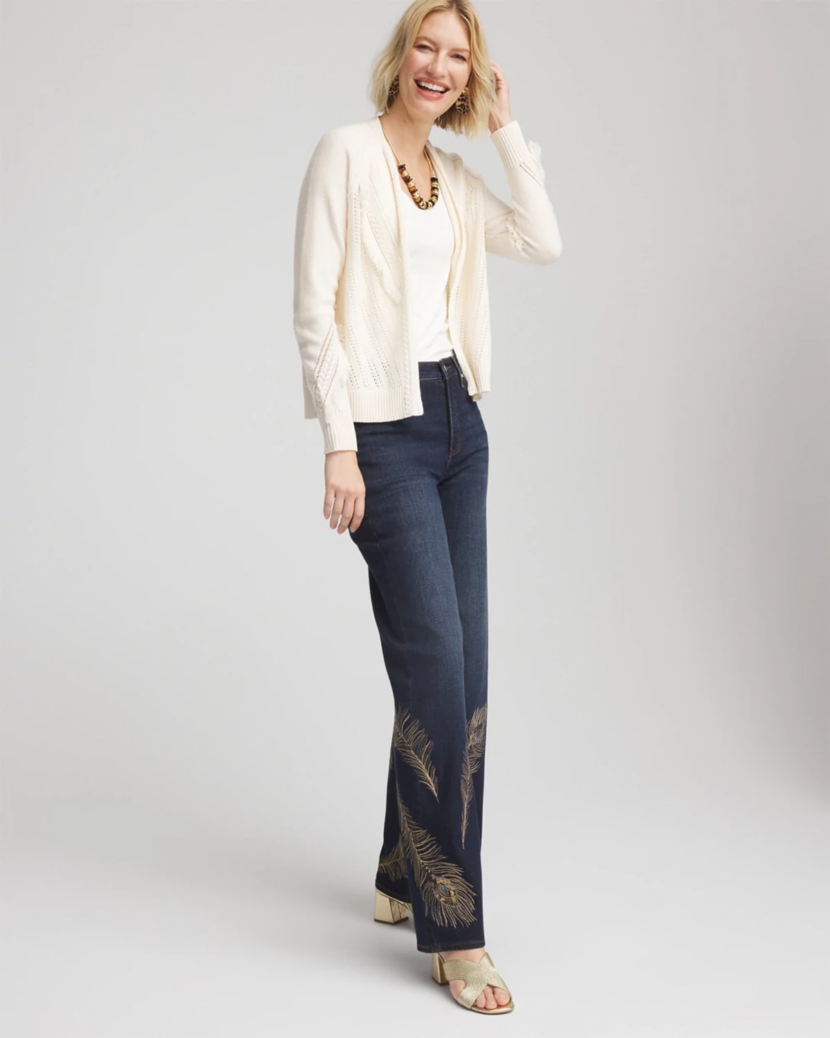 Chico's Cable Knit Fringed Sweater In Cream