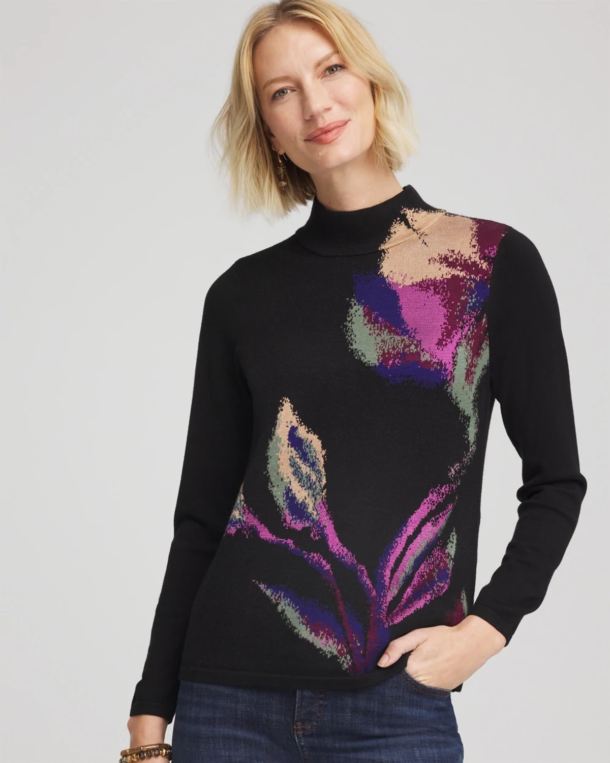 Chico's Ella Mockneck Jacquard Pullover Sweater In Black In Black