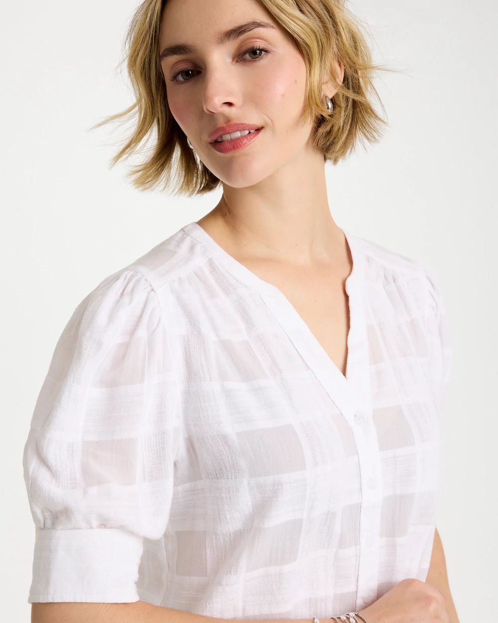 Cotton Plaid Elbow-Sleeve Shirt