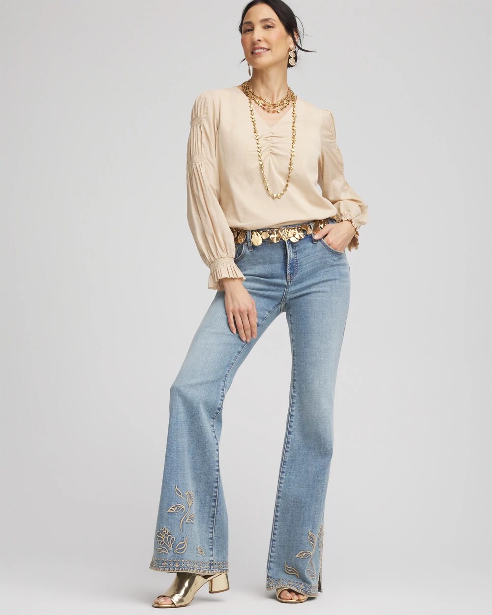 Pima Smocked Long Sleeve Tee