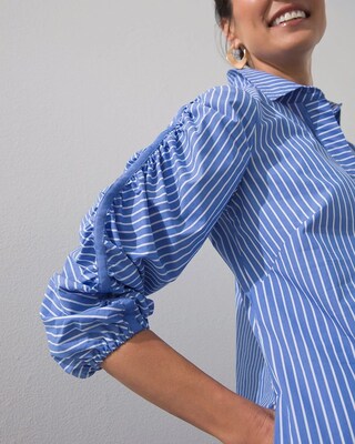 Stripe Poplin Ruched Sleeve Dress