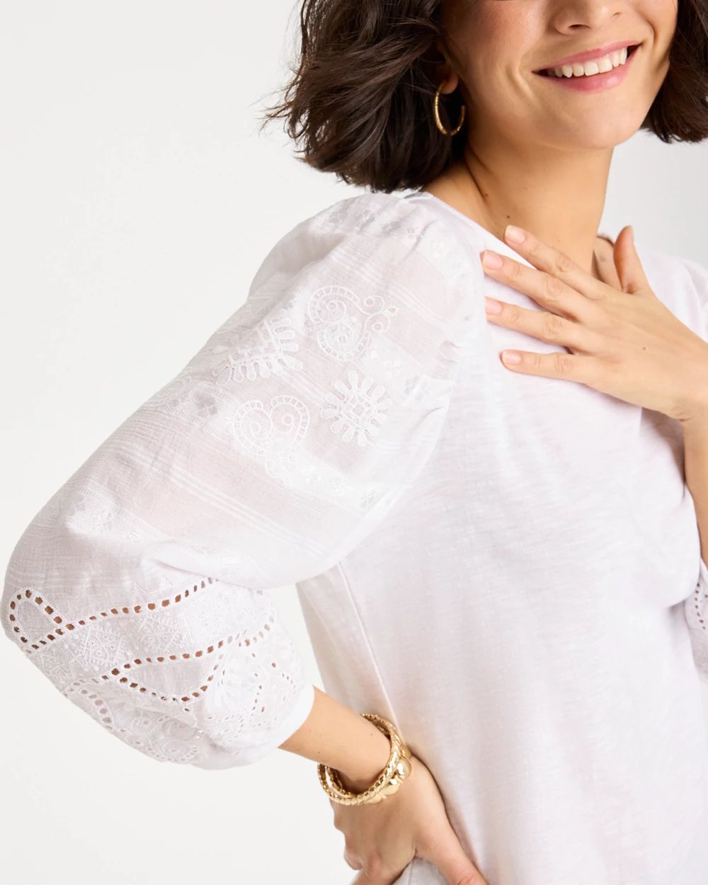 Cotton Eyelet Sleeve Tee click to view larger image.