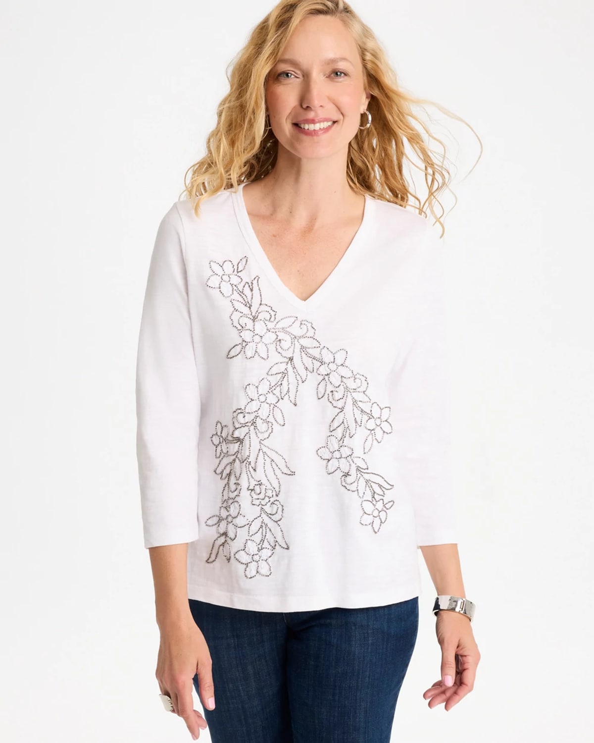 Chico's Cotton Lace Applique Tee In White In Alabaster