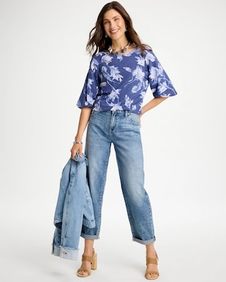 Printed Cotton Slub Poplin Pleat Sleeve Tee click to view larger image.