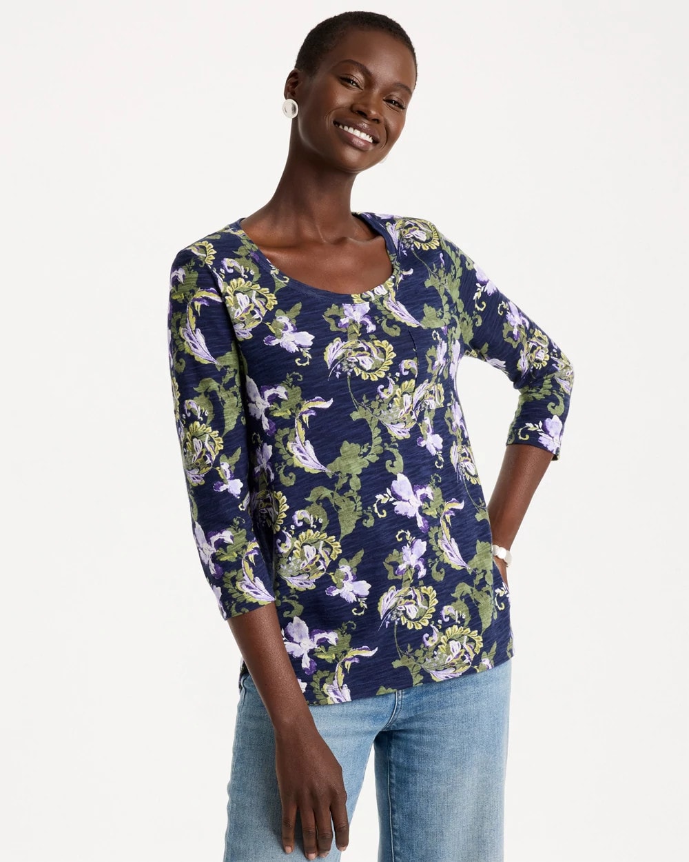 Floral Cotton Slub 3/4 Sleeve Tee