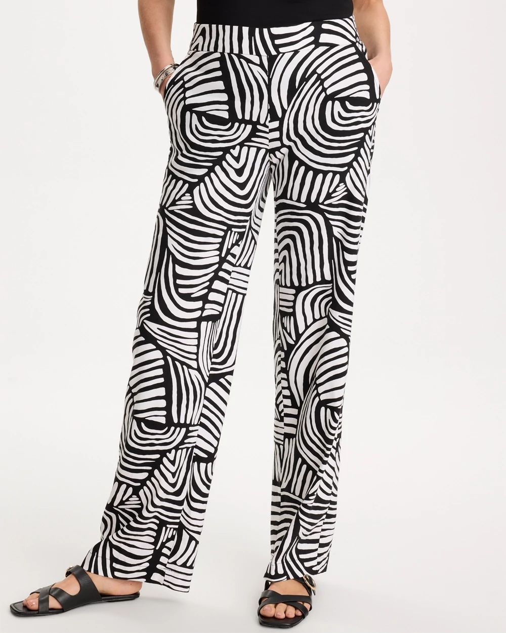 Petite Geo Pull-On Wide-Leg Linen Pants