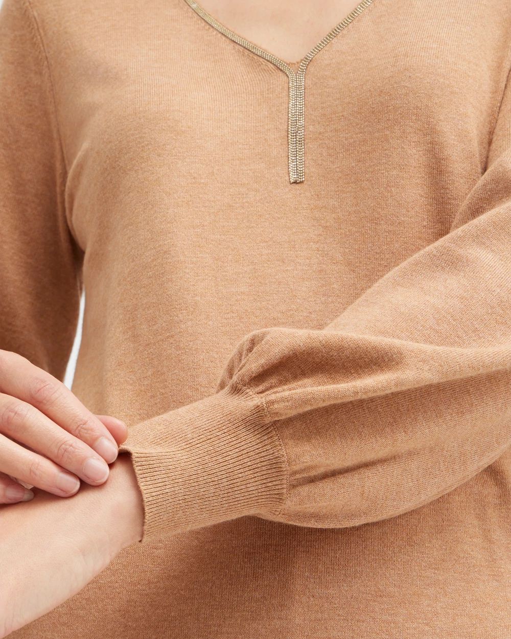 Caviar Trim V-Neck Pullover Sweater
