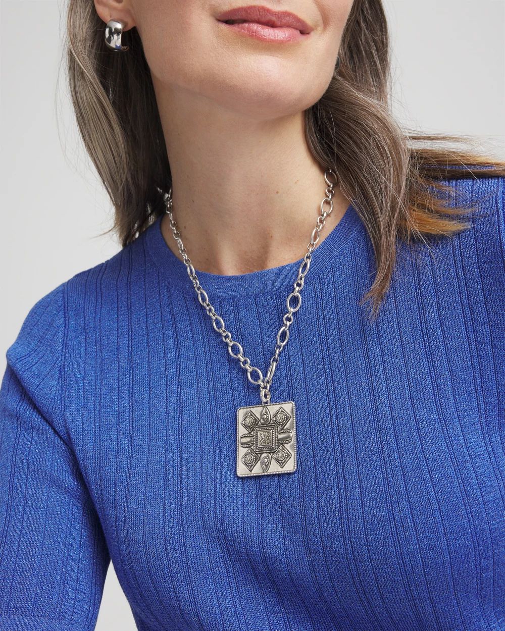 Silver Tone Square Pendant Necklace