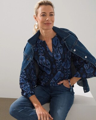Pleat Sleeve Ikat Print Top
