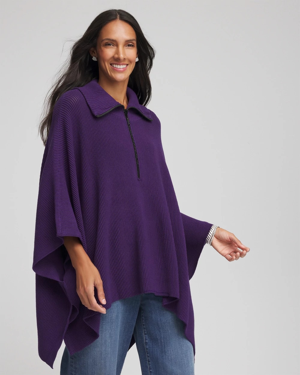 Rhinestone Zip-Collar Sweater Poncho