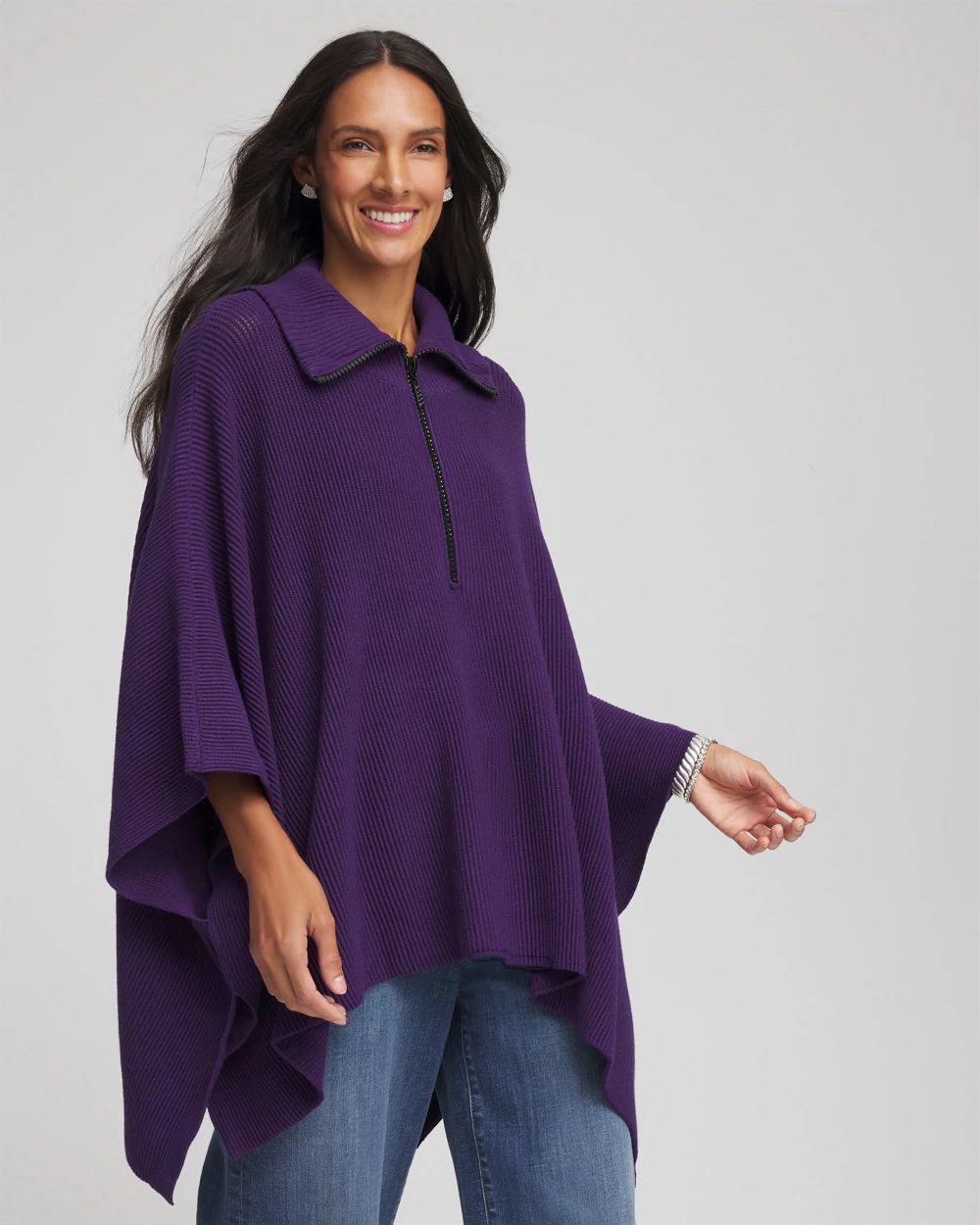 Rhinestone Zip-Collar Sweater Poncho