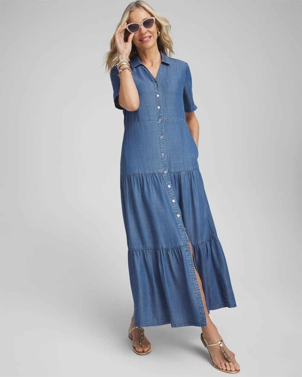 Faux Denim Tiered Shirt Dress click to view larger image.