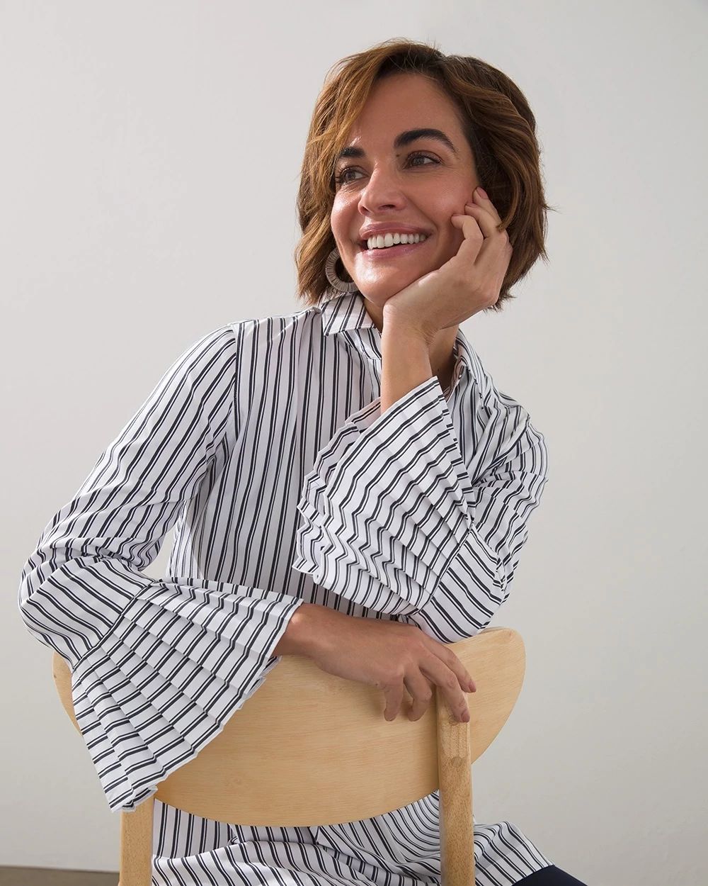 Poplin Pleat Sleeve Stripe Top