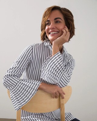 Poplin Pleat Sleeve Stripe Top