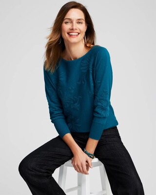 Blue Textured Floral Pullover Sweater