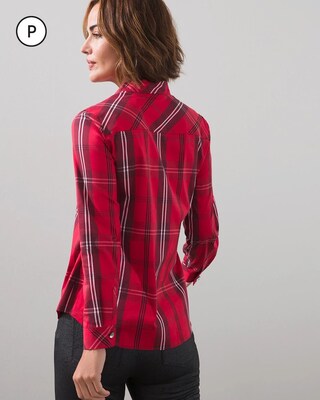 Petite Plaid Crystal-Button Shirt