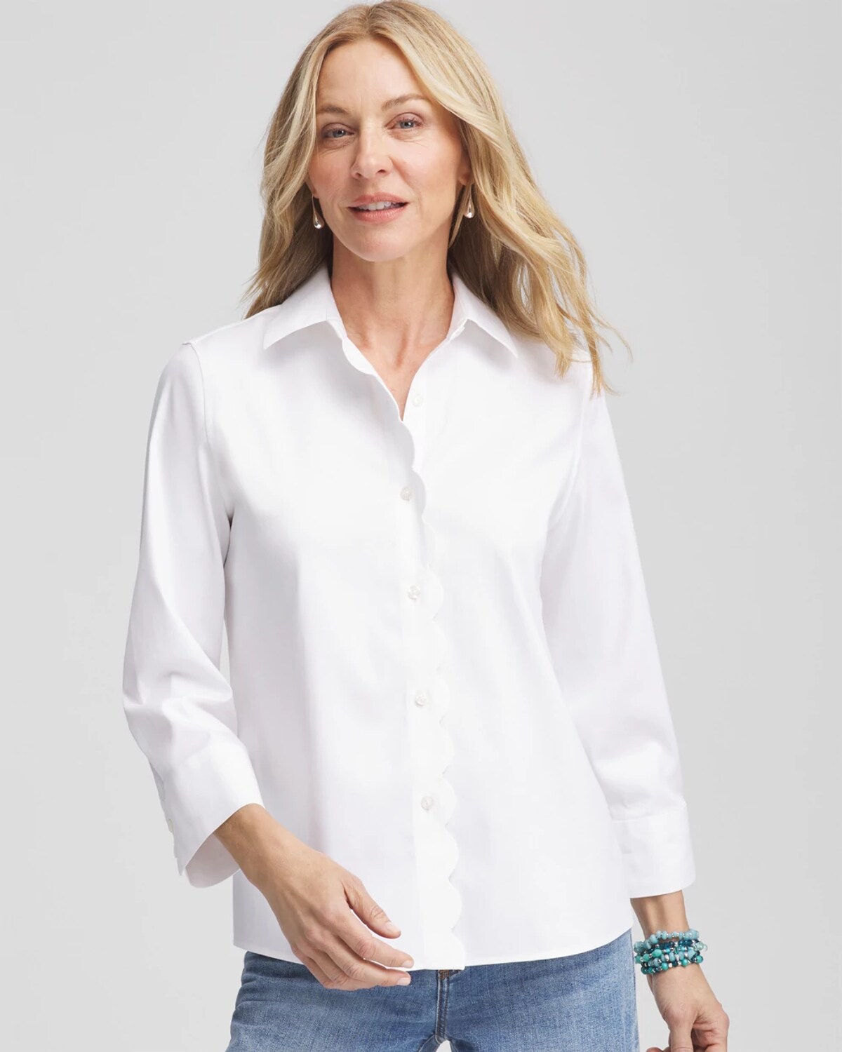 Chico's No Iron Scalloped Placket Shirt In White In White