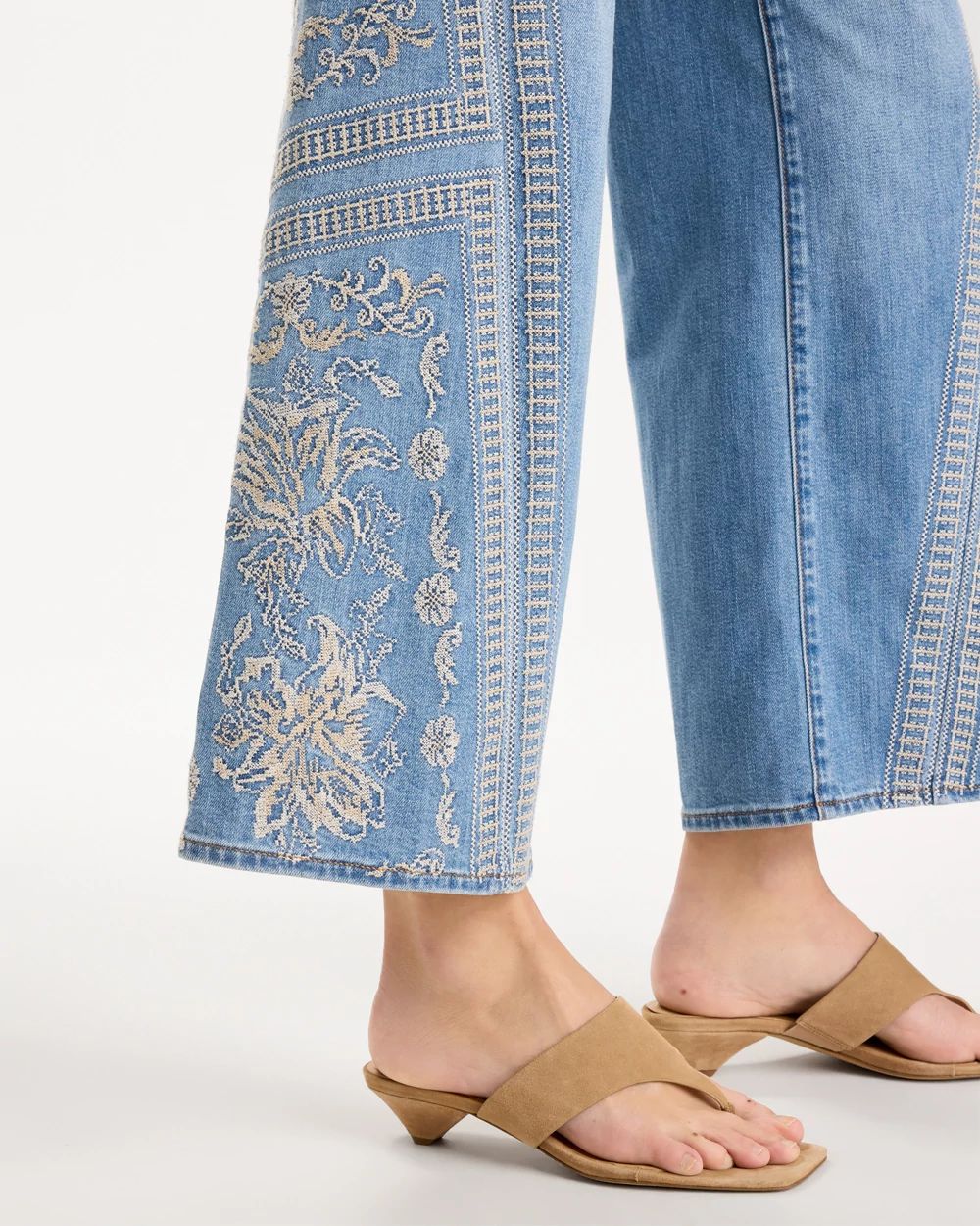 Floral Geo Wide-Leg Drawstring Jeans