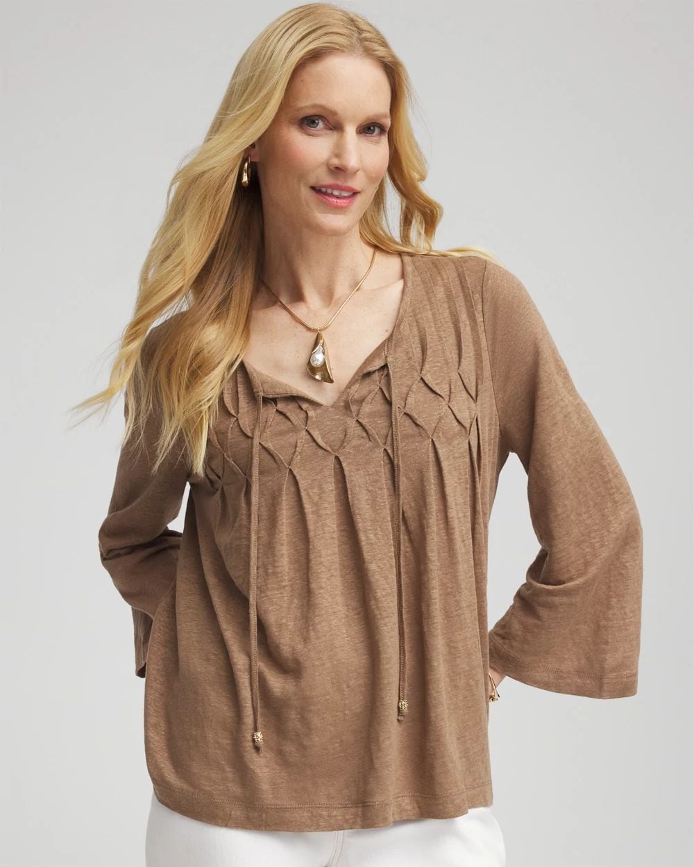 Pintuck Linen Notched-Neck Tee