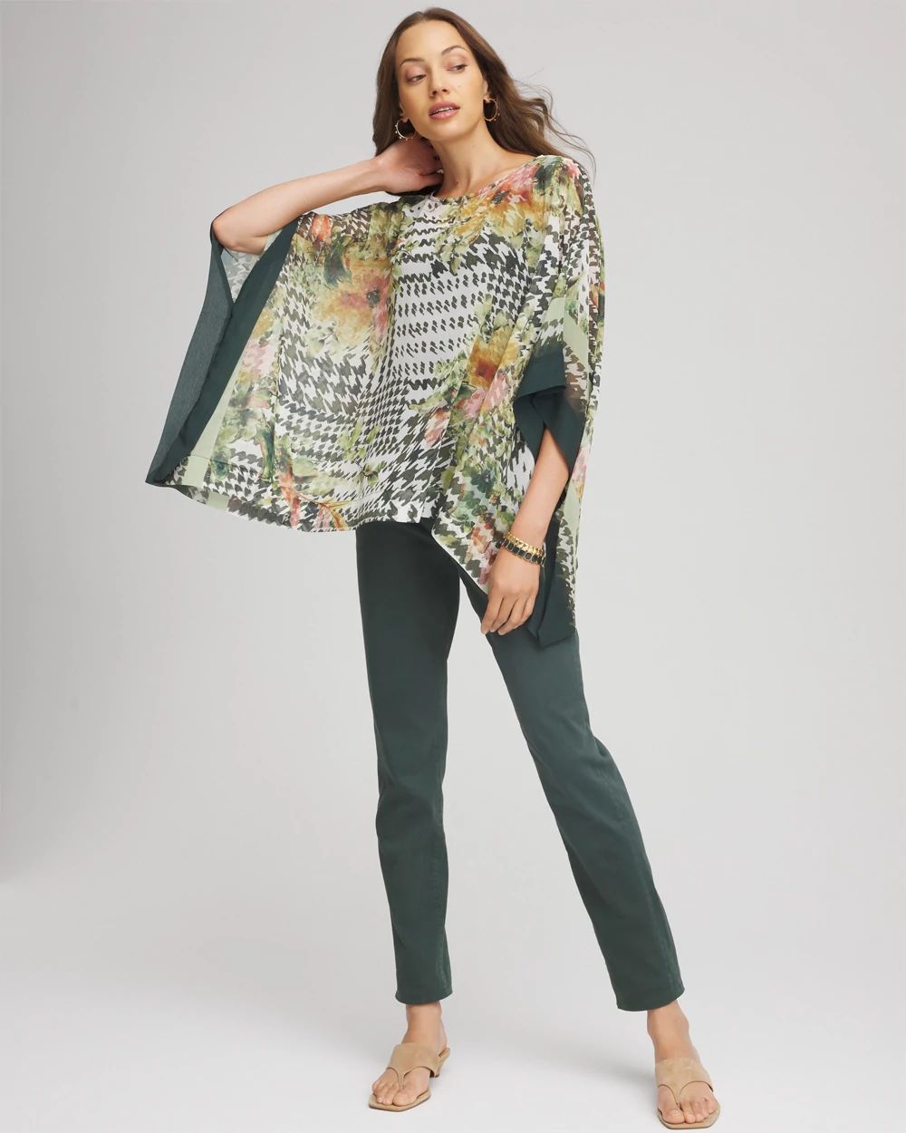 Printed Crinkle-Chiffon Pull-On Poncho