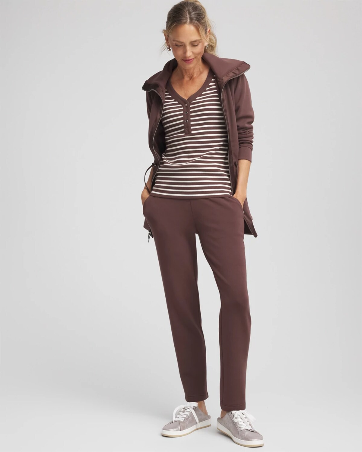 Chico's Stripe Ribbed Henley Tee In Espresso In Brown