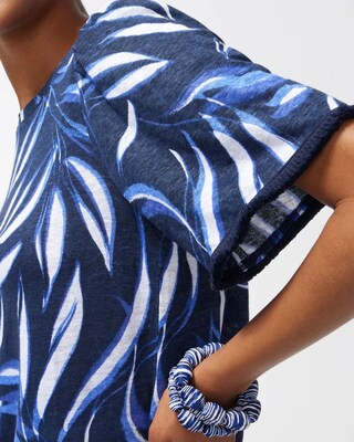 Linen Leaf Print Fringe Sleeve Tee