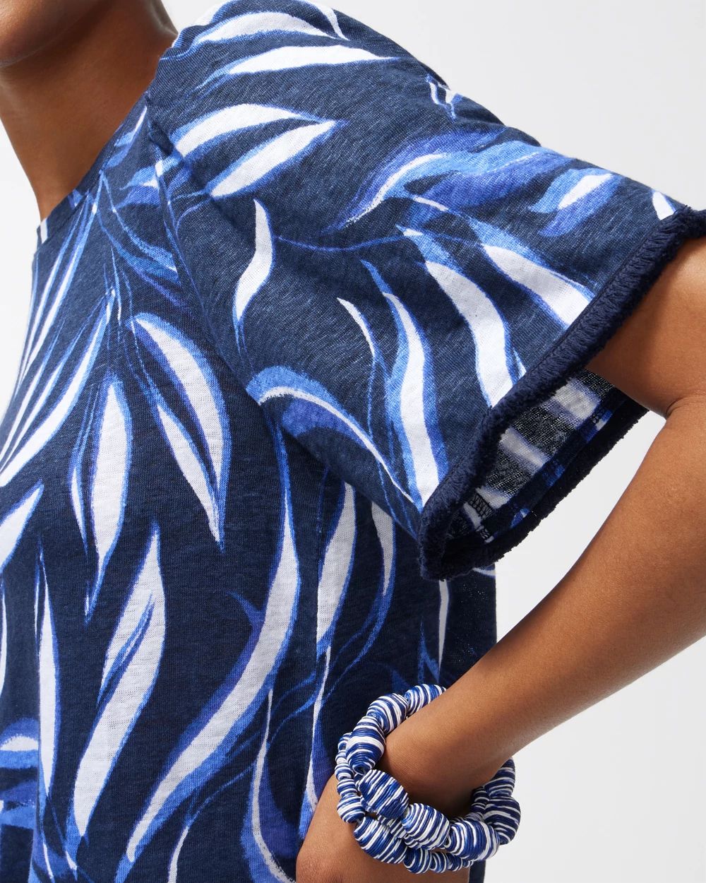 Linen Leaf Print Fringe Sleeve Tee