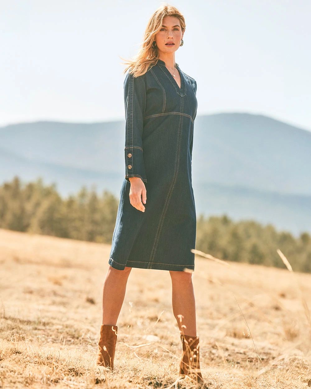 Denim Splitneck Knee-Length Dress