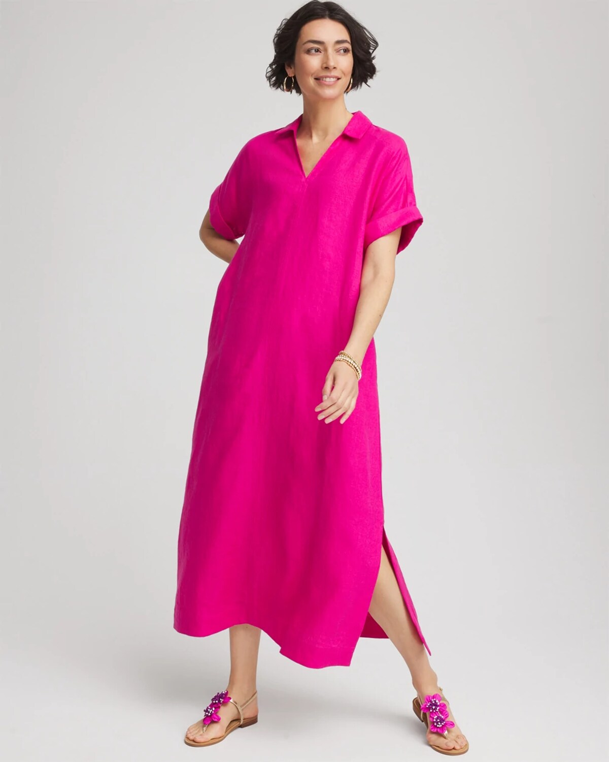 Chico's Linen Popover Kaftan Dress In Pink