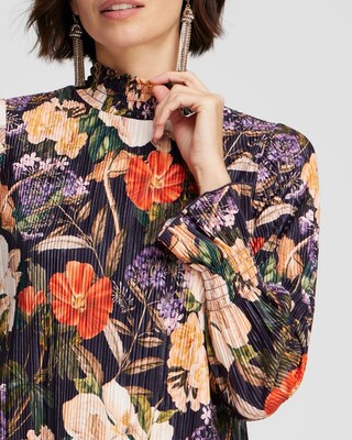 Floral Mock Neck Crinkle Top