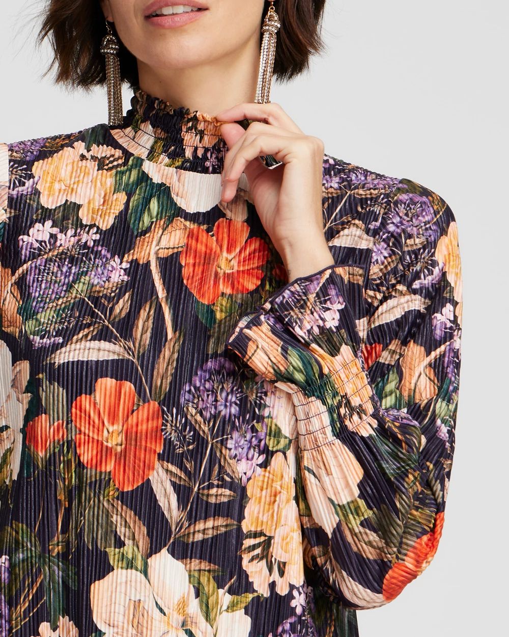 Floral Mock Neck Crinkle Top