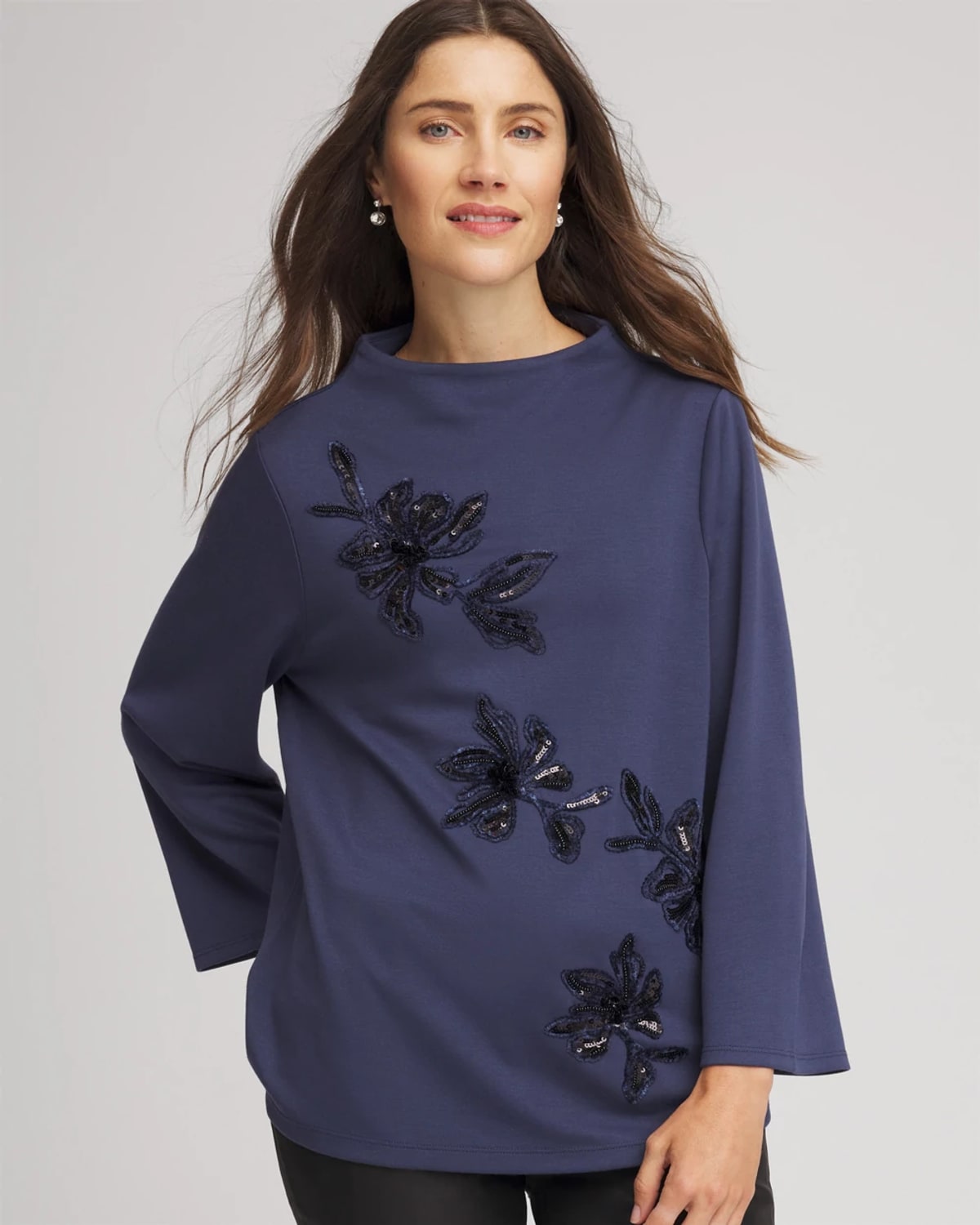 Chico's Embellished Structured Top In Indigo Sky