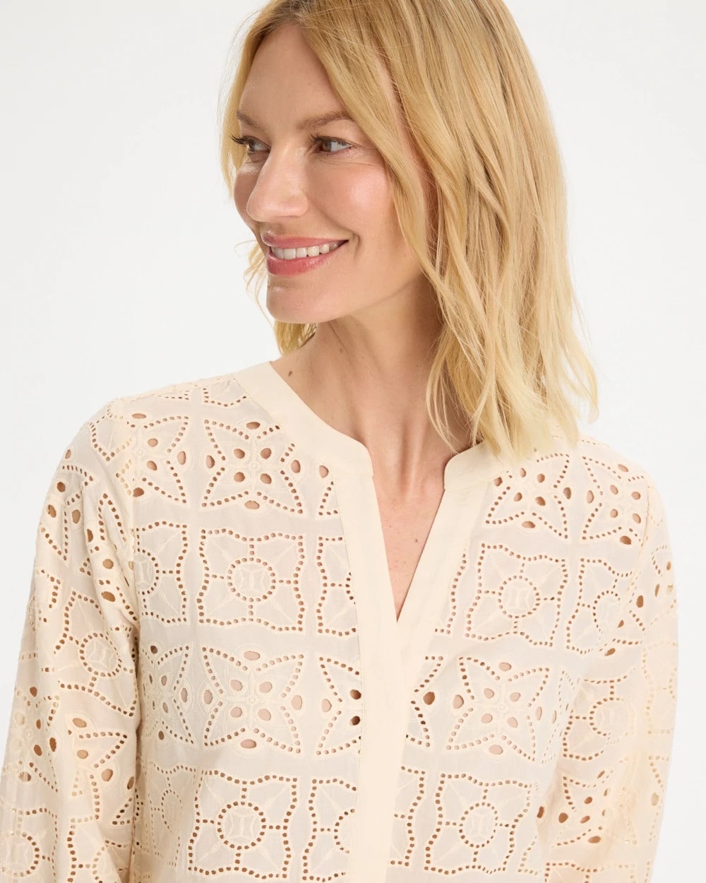 Cotton Geo Eyelet 3/4 Sleeve Blouse