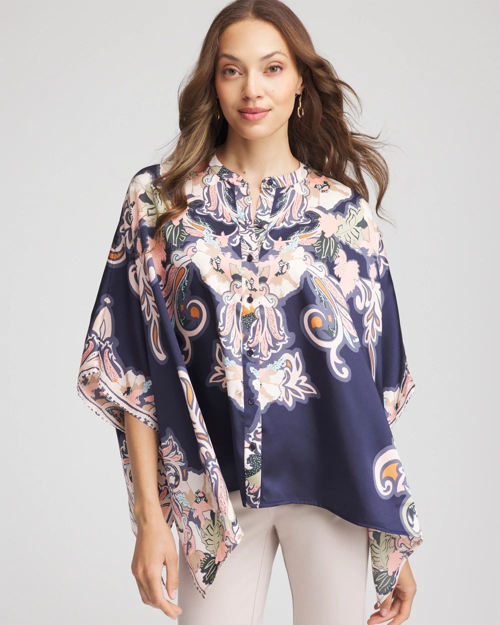 Collarless Floral-Paisley Poncho