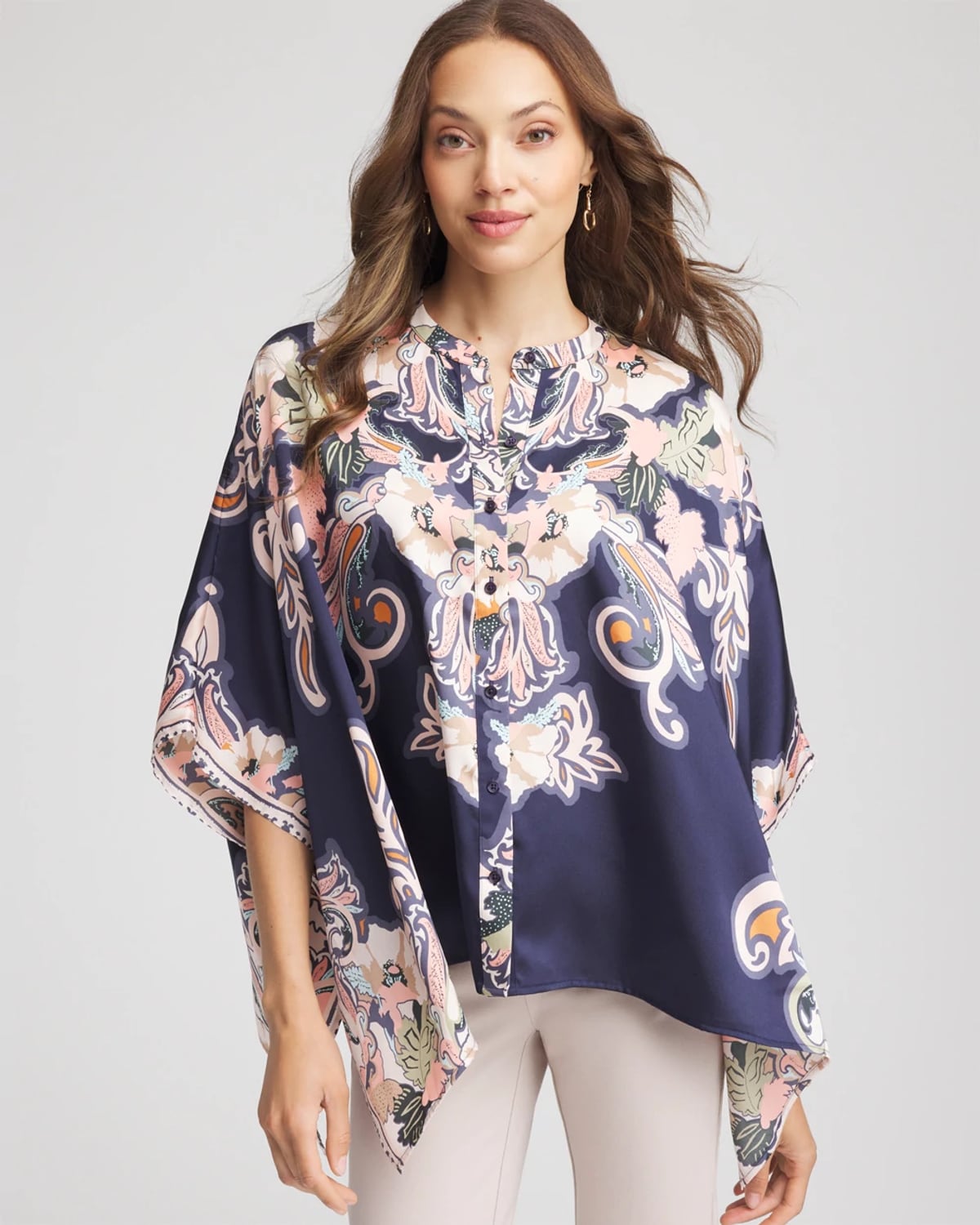 Chico's Collarless Floral-paisley Poncho In Blue