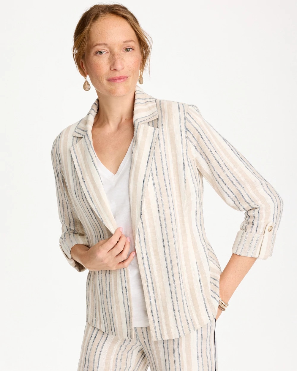 Striped Linen Roll Sleeve Blazer