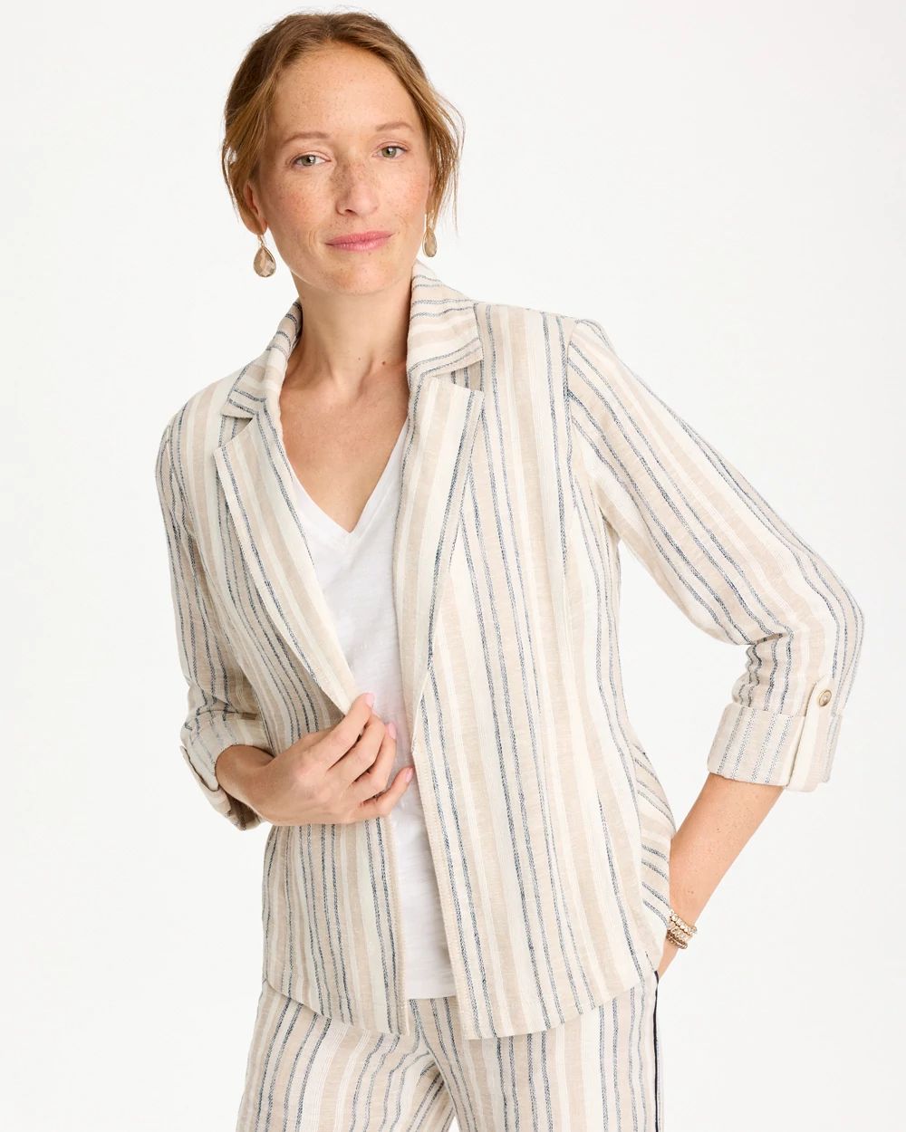 Striped Linen Roll Sleeve Blazer