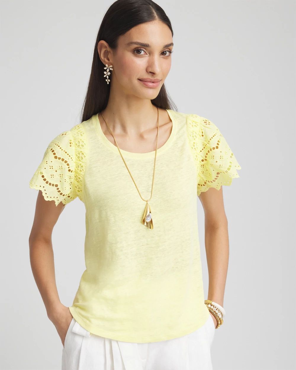 Linen Embroidered Flutter-Sleeved Tee
