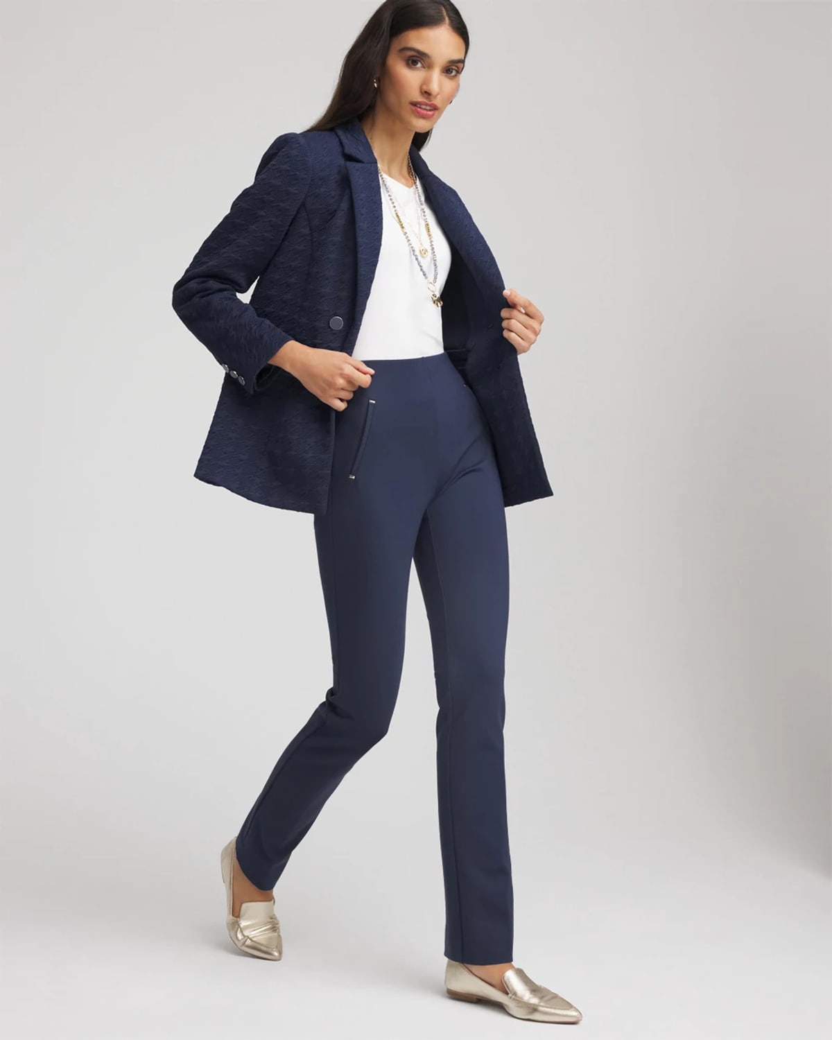 Chico's Juliet Ponte Trim Detail Pants In Blue In Blue