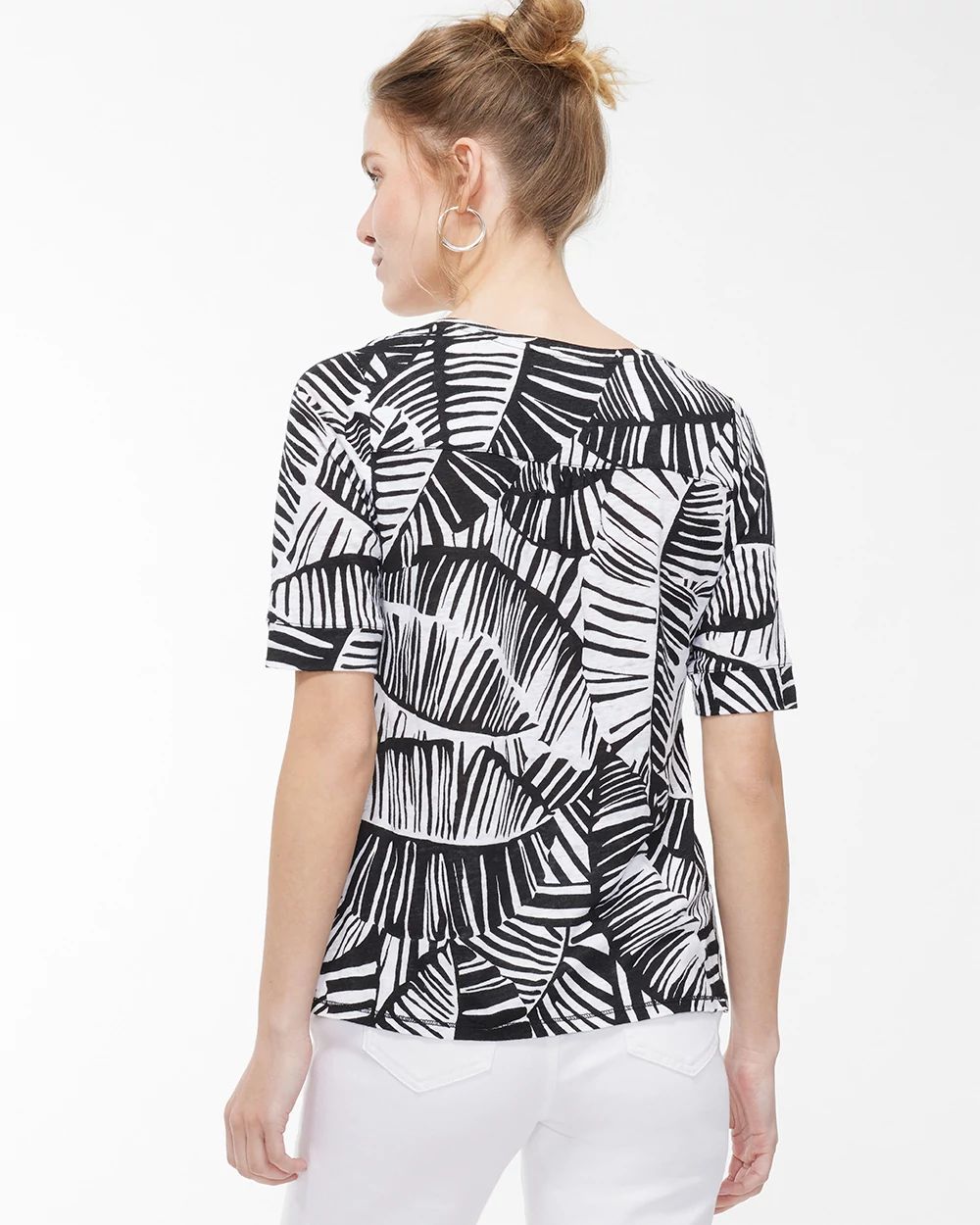 Linen Leaf Print Back Detail Tee