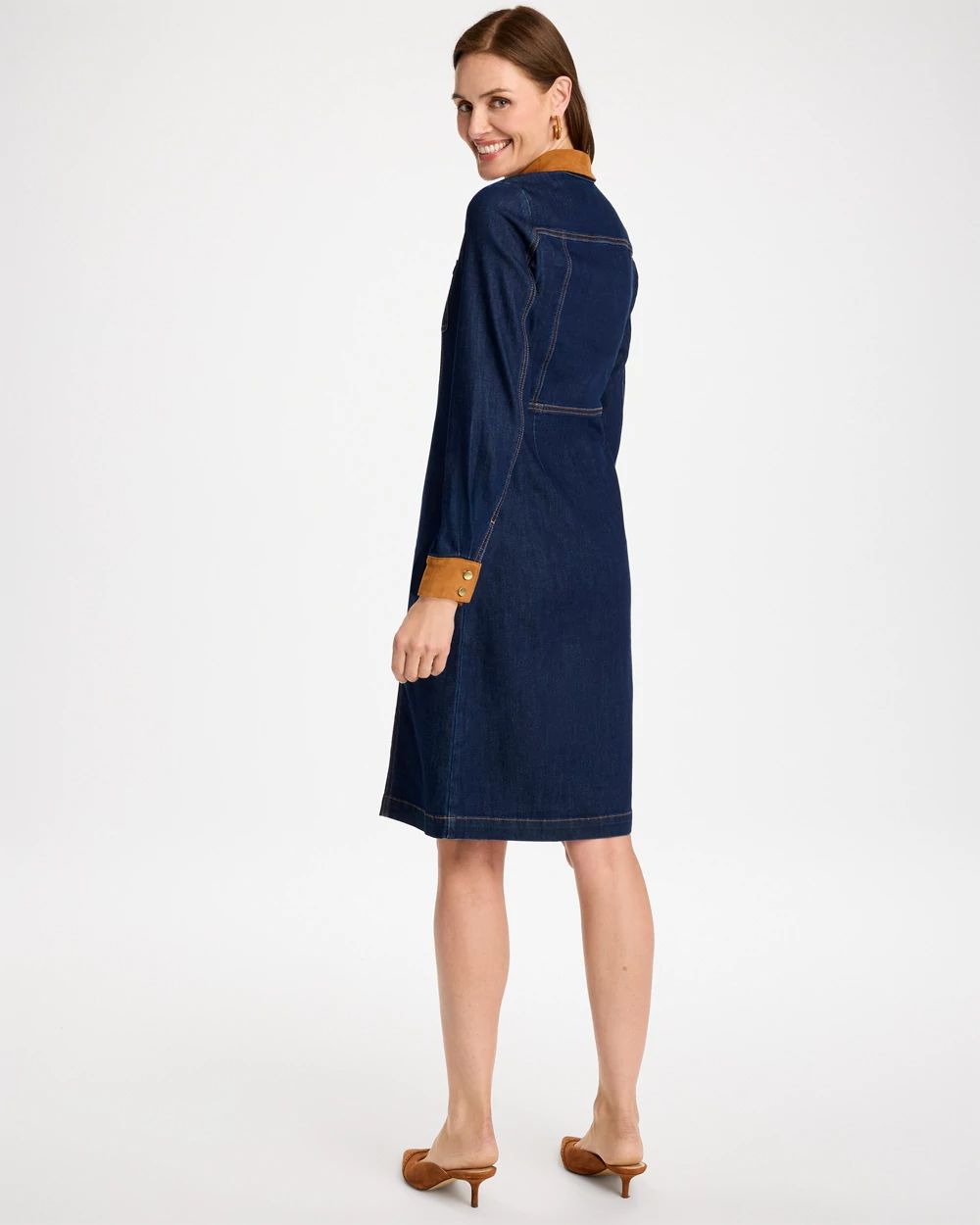 Denim Faux Suede Detail Dress click to view larger image.