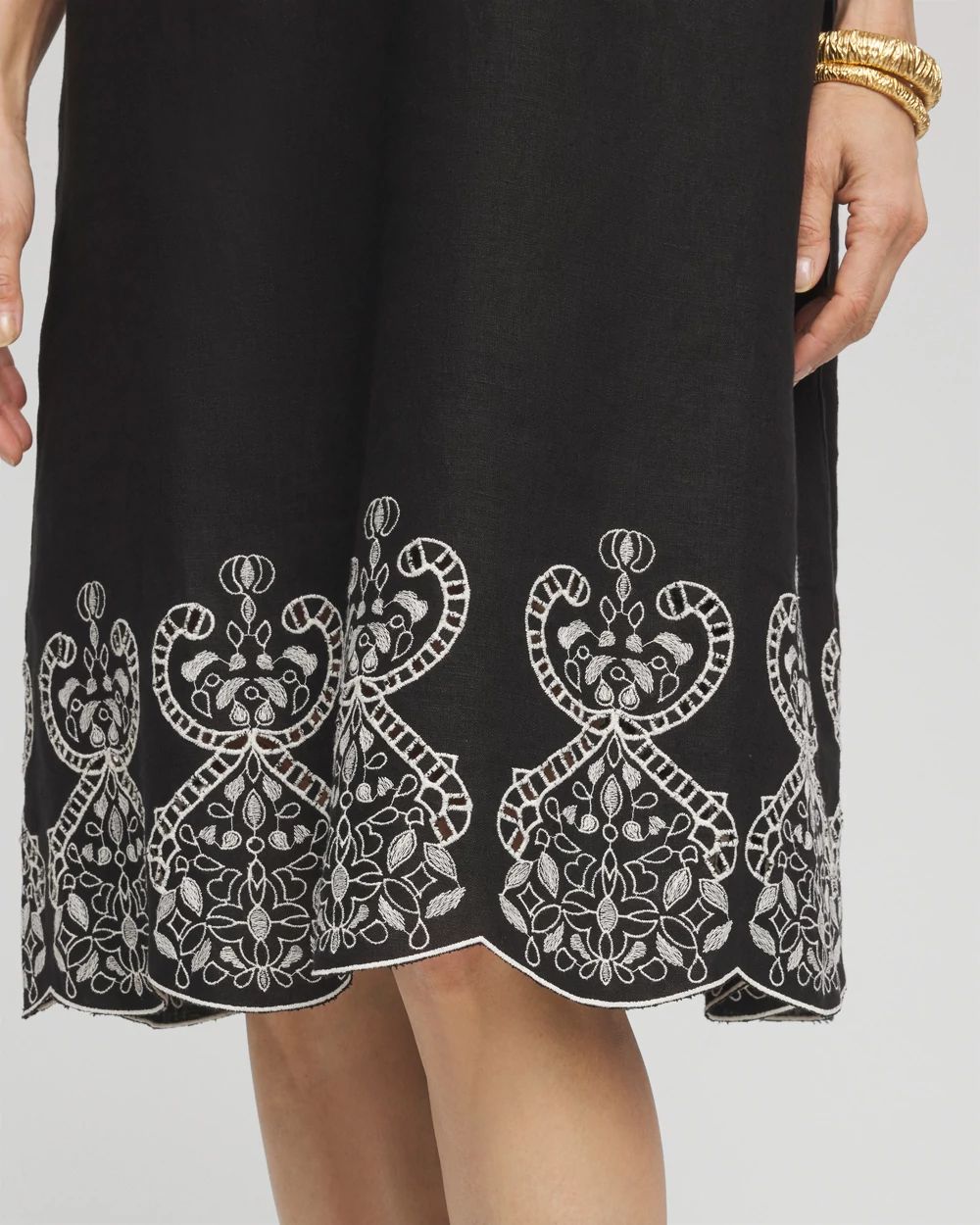 Embroidered Linen Flutter-Sleeve Dress