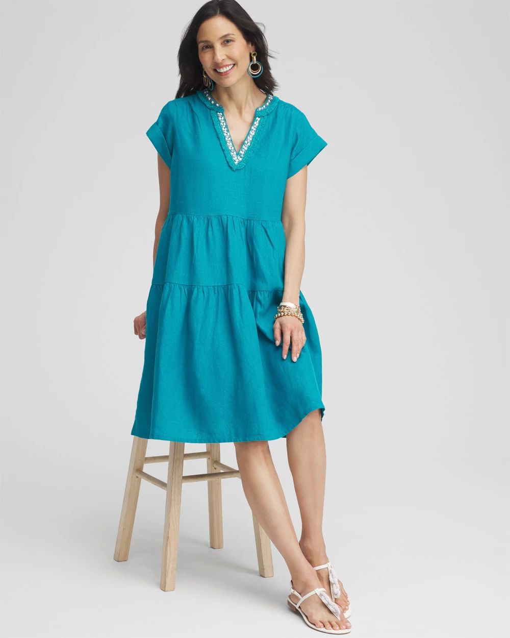 Linen Embellished Cap Sleeve Dress